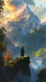 Solitary cloaked figure surveys extensive alpine valley landscape