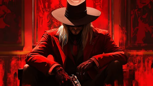 Crimson gunslinger broods amid blood-red shadows.