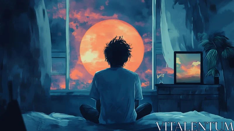 Solitary figure at window observing oversized neon sunset sphere