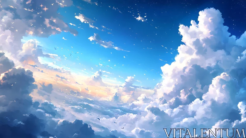 Expansive digital skyscape with dense cumulus cloud formations.