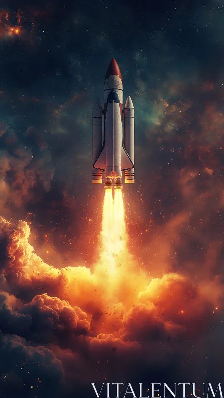 Space shuttle launch with bright exhaust plume at night.