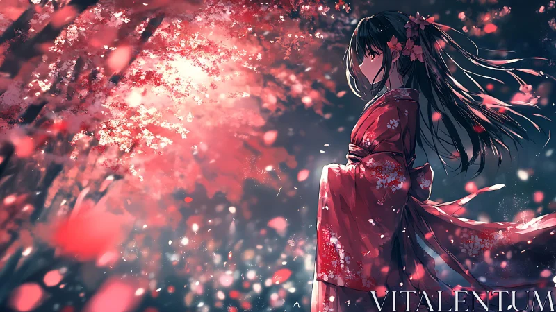 Kimono girl stands in glowing cherry blossom twilight dream