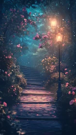 Enchanting garden steps glowing under gentle lamplight.