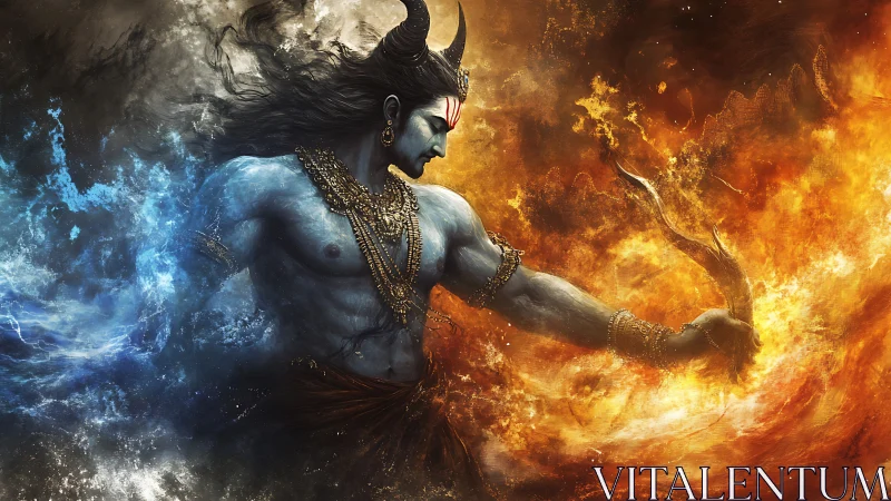 Mythic blue deity amid swirling fire and water forces.