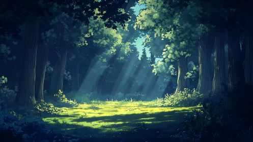 Luminous Forest Cathedral: Ancient Trees Frame Golden Sunlit Clearing.