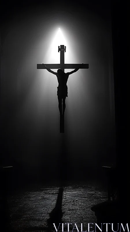 High-contrast crucifix silhouette under axial cathedral spotlight