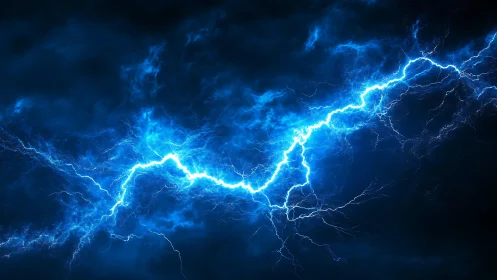 Electric blue lightning rips across a storm-darkened sky