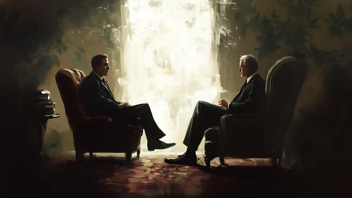 Executive dialogue in chiaroscuro-lit formal interior scene.