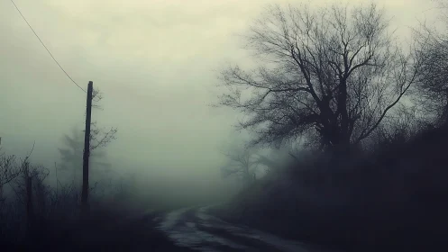 Fog-drenched country road curls beneath whispering winter trees