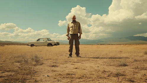 Bald man stands in empty desert with parked vintage car.