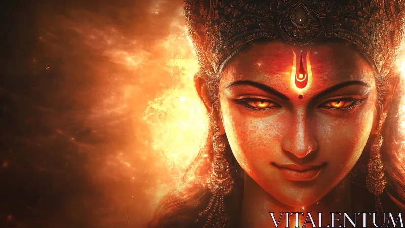 Divine female visage with fiery background and ornaments.