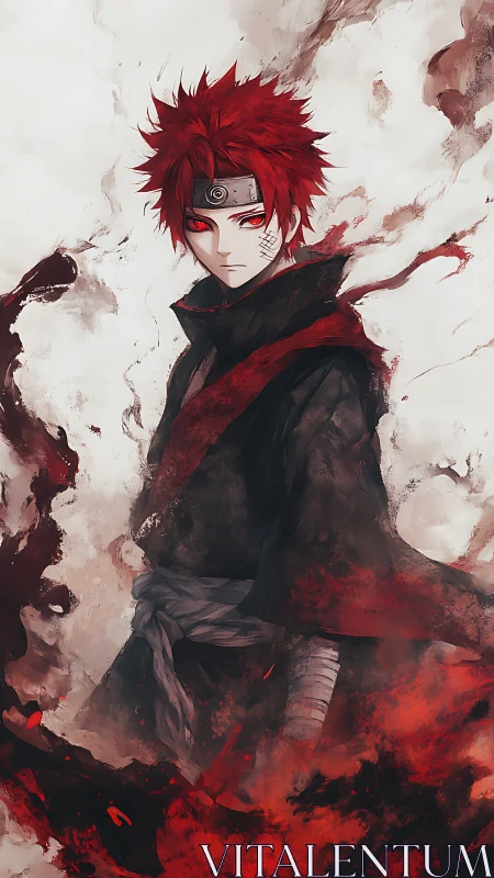 Red-eyed anime warrior enveloped in dynamic crimson smoke fields
