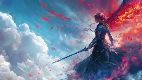 Winged swordbearer stands amid contrasting sky and clouds