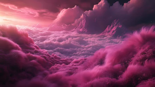 Dreamy pink cloud valley rolls toward glowing sunrise