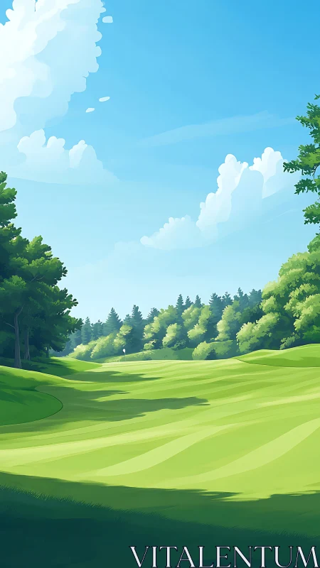 Sunlit golf fairway curves under expansive summer sky.