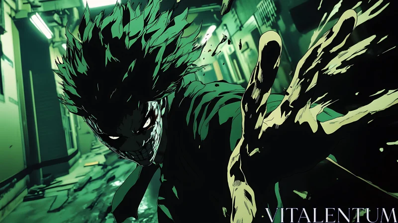 Masked figure lunges down corridor with outstretched hand.