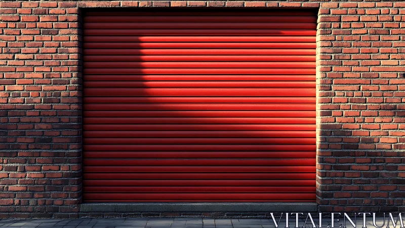 Red metal garage shutter contrasts with sunlit brick wall