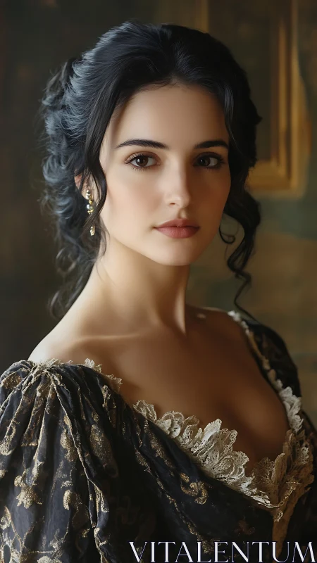 Elegant brunette in baroque dress gazes with calm intensity