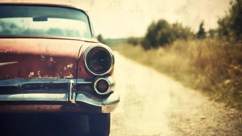 Weathered classic car front is photographed on rural road