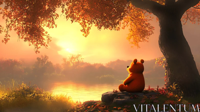 Orange bear watches golden autumn sunset by calm lake.
