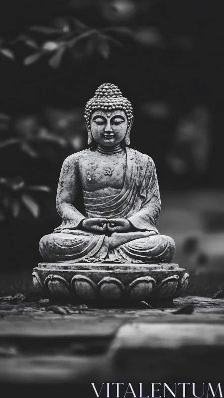 Stone stillness: garden Buddha in monochrome hush.
