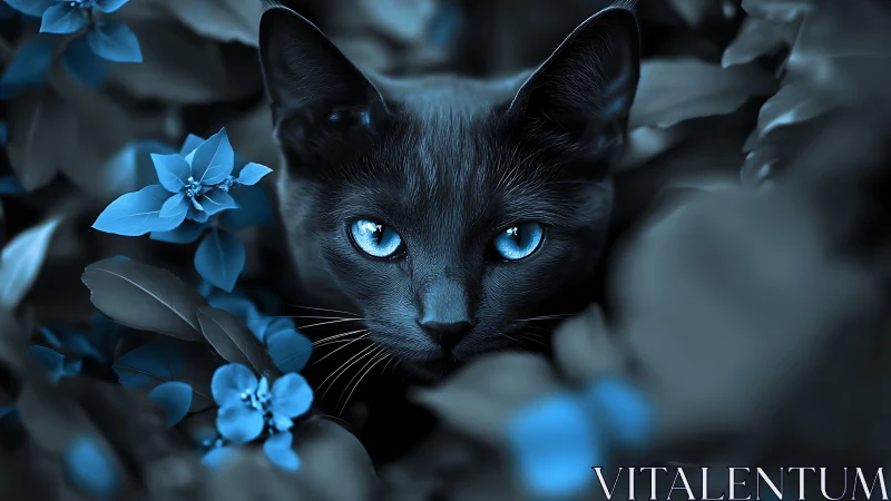 Black Feline with Penetrating Cerulean Eyes Among Midnight Blue Flora