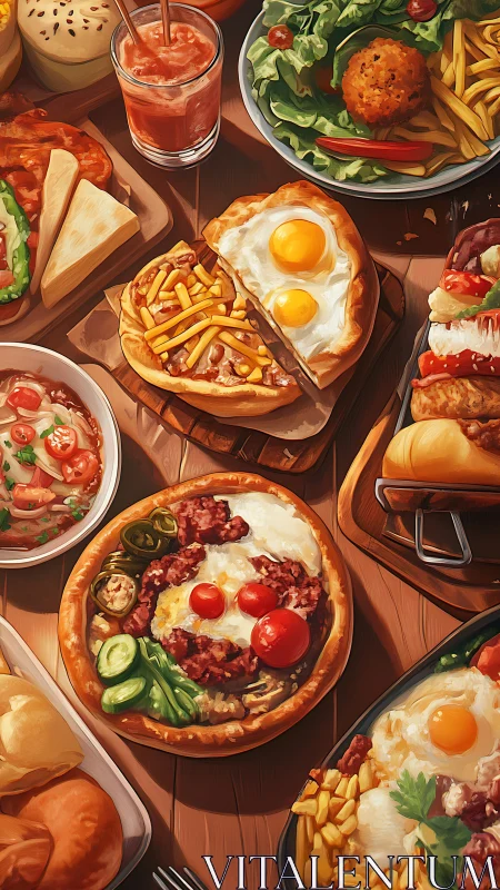 Overhead digital painting of loaded brunch skillets and salads