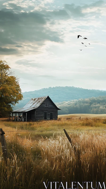 Lonely weathered farmhouse dreaming under wide mountain sky.