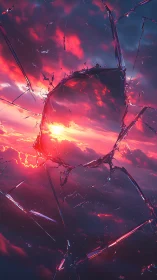 Digital painting of shattered sky portal and neon sunset clouds.