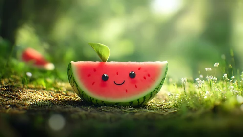 Digital painting of kawaii watermelon slice in soft forest light.