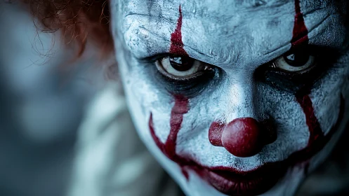 Menacing horror clown portrait in cold cinematic closeup.