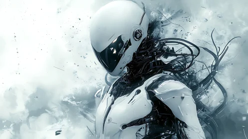 Chrome-clad android dissolving into tangled black cables.