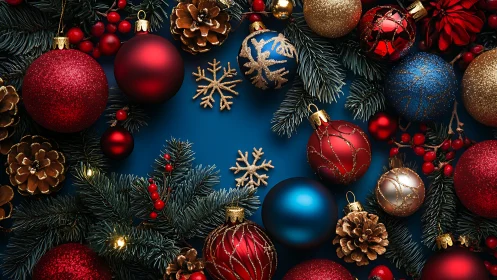 Christmas baubles and pine branches frame a blue festive background