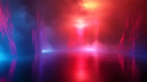 Symmetric corridor with colored volumetric light and mist.