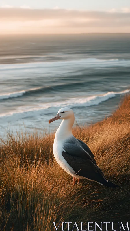 Coastal seabird in warm golden hour light on windswept cliff