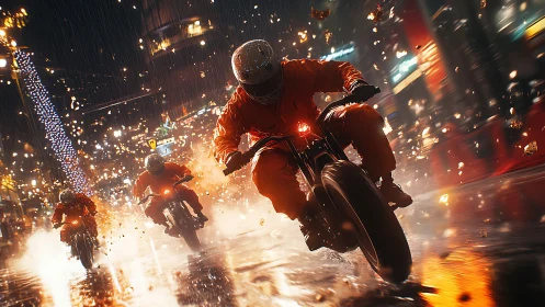 Motorcyclists ride through wet urban street amid particle debris