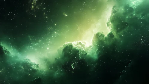 Green nebula cloud structure fills deep space background