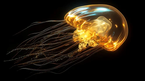 Luminous jellyfish drifts like molten starlight through darkness