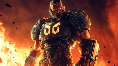 Armored inferno trooper standing amid erupting flames.