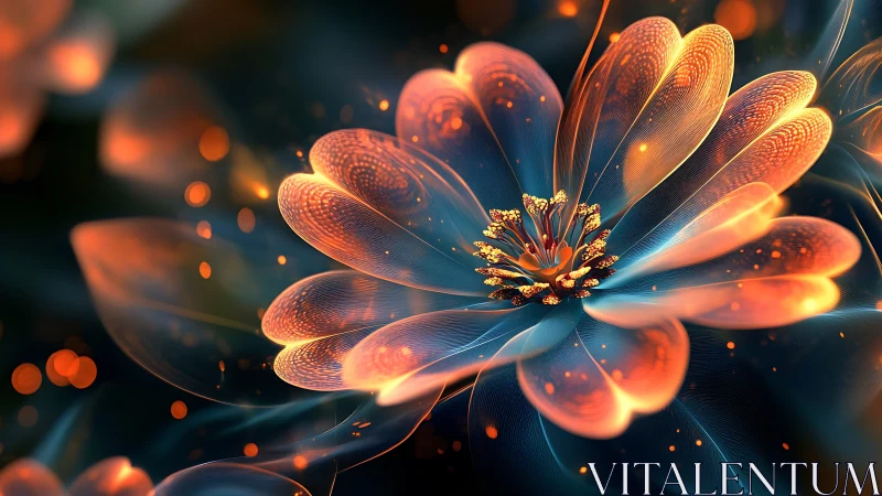 Luminous fractal flower in teal and ember glow digital art.