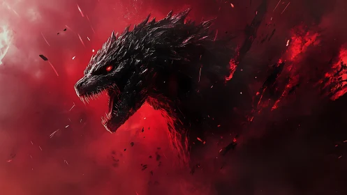 Digital painting of roaring kaiju head in red vapor field.