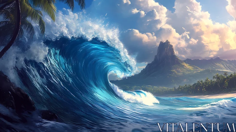 Sunlit island peak and curling turquoise ocean wave.