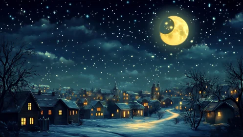 Moonlit winter village under a dreamy star-scattered sky.