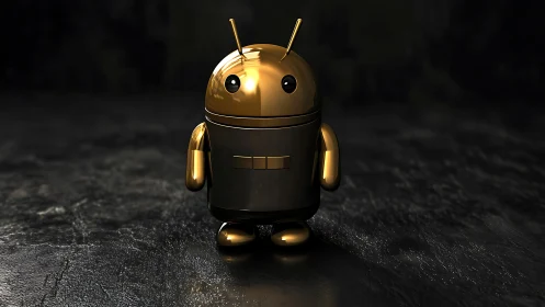 Polished gold android mascot figurine on dark textured floor