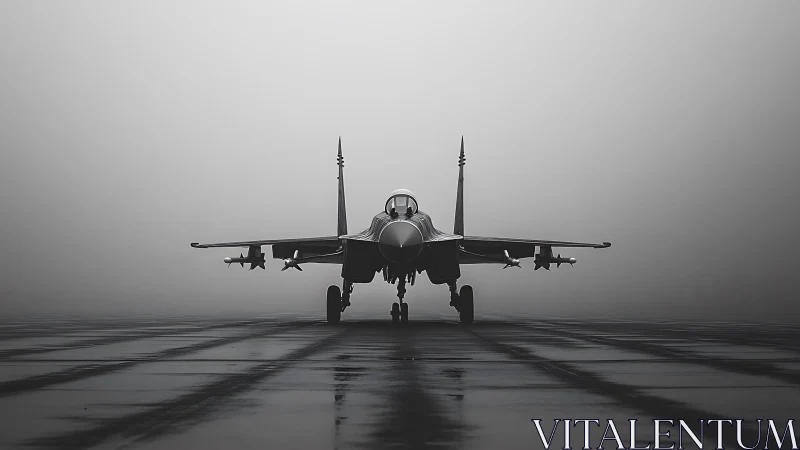 Front view of modern jet fighter on wet runway in foggy airfield.