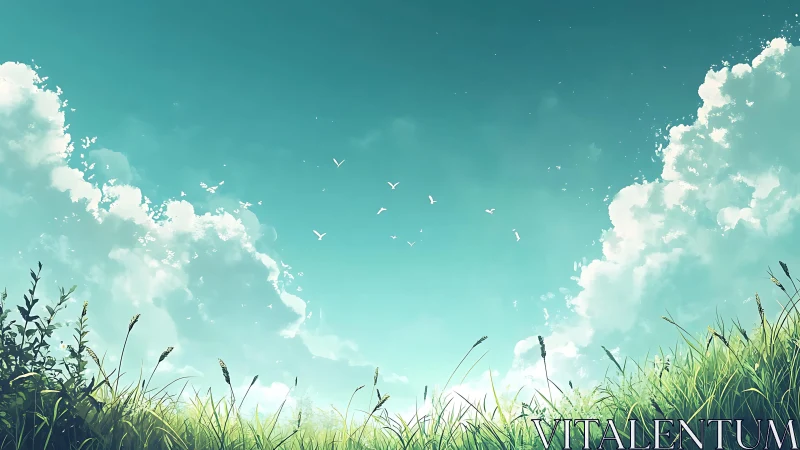 Tranquil summer field beneath expansive turquoise sky.