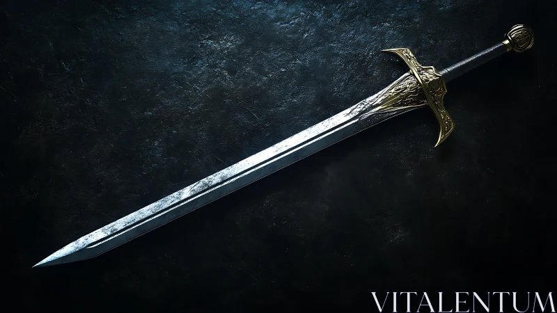 Tempered longsword render with ornate golden crossguard detailing.