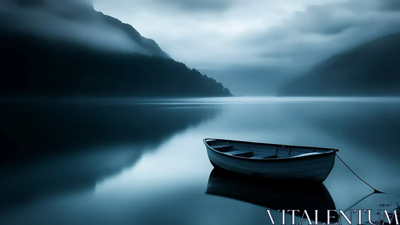 Rowboat on still misty lake under moody blue twilight.
