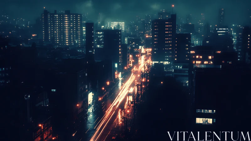 Neon-streaked city avenue cuts through a rainy midnight skyline