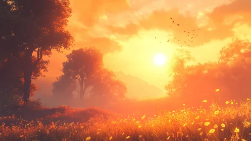 Sunlit meadow and distant trees under intense orange sky